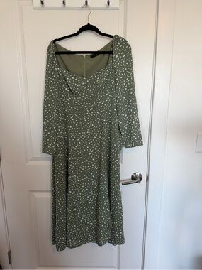 Sage Green Printed Midi Dress with Scoop Neck
